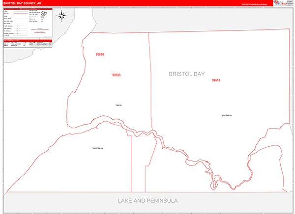 Bristol Bay County Wall Map Red Line Style